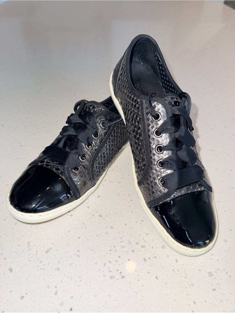 Donald J. Pliner Black Snake Skin Embossed Ribbon-Lace Sneakers